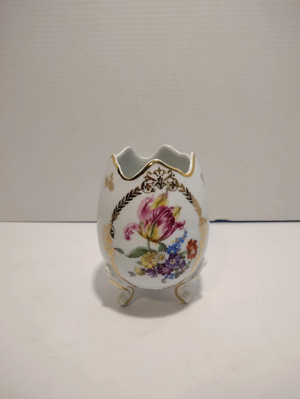 Limoges White Porcelain Floral Egg Vase with Gold Trim